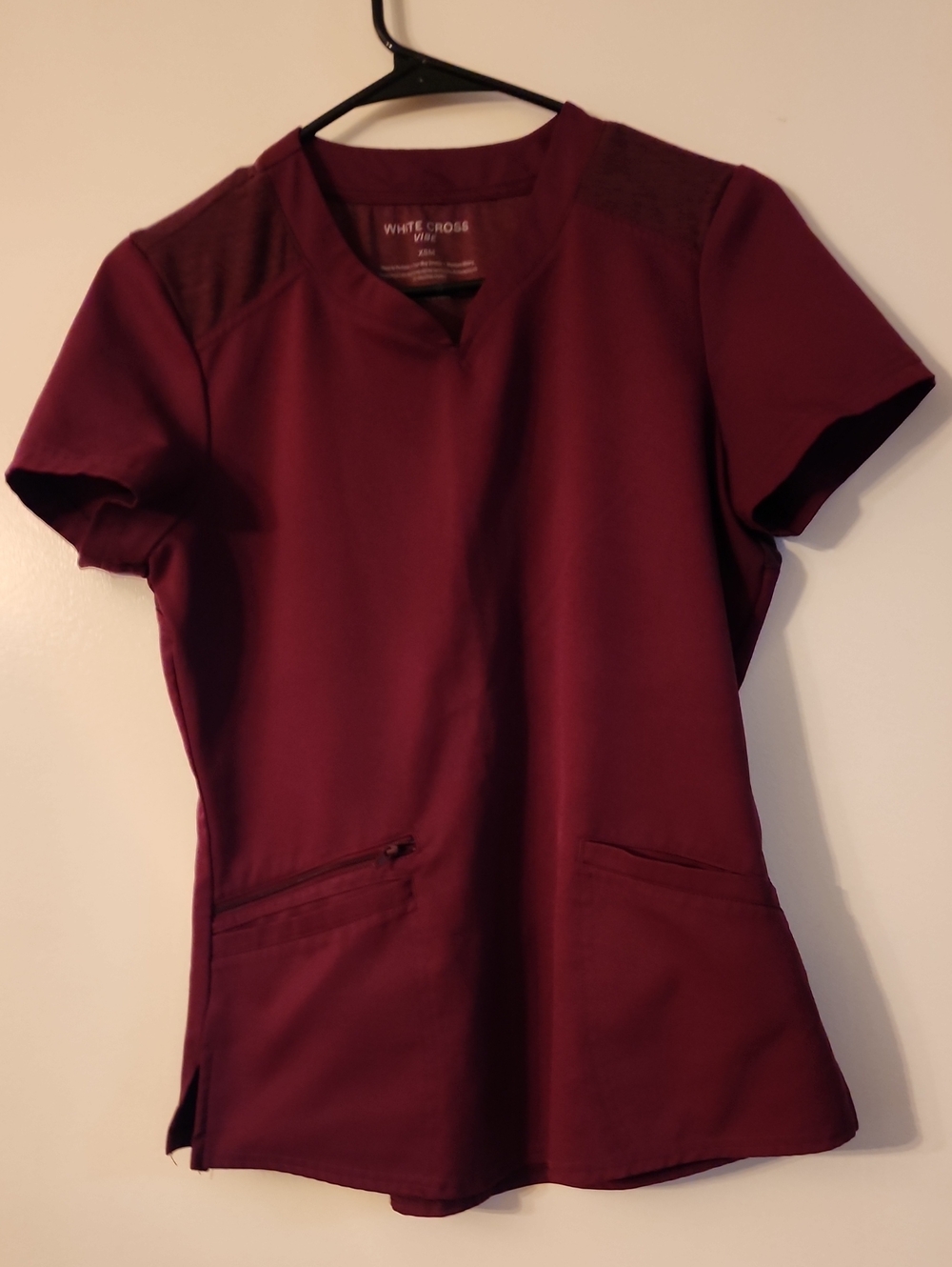 White Cross Vibe Women's Maroon Notch V-Neck Short Sleeve Scrub Top